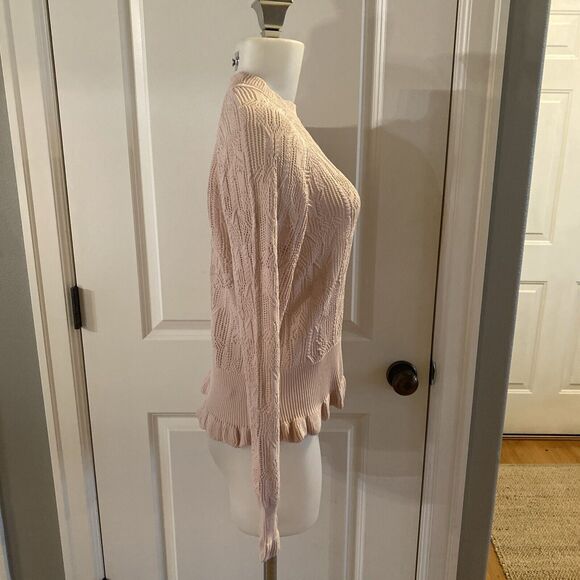 Joie Blush Pink Joie "Caire" Crochet Open Knit Pullover Ruffle Sweater- Size M - Picture 7 of 16